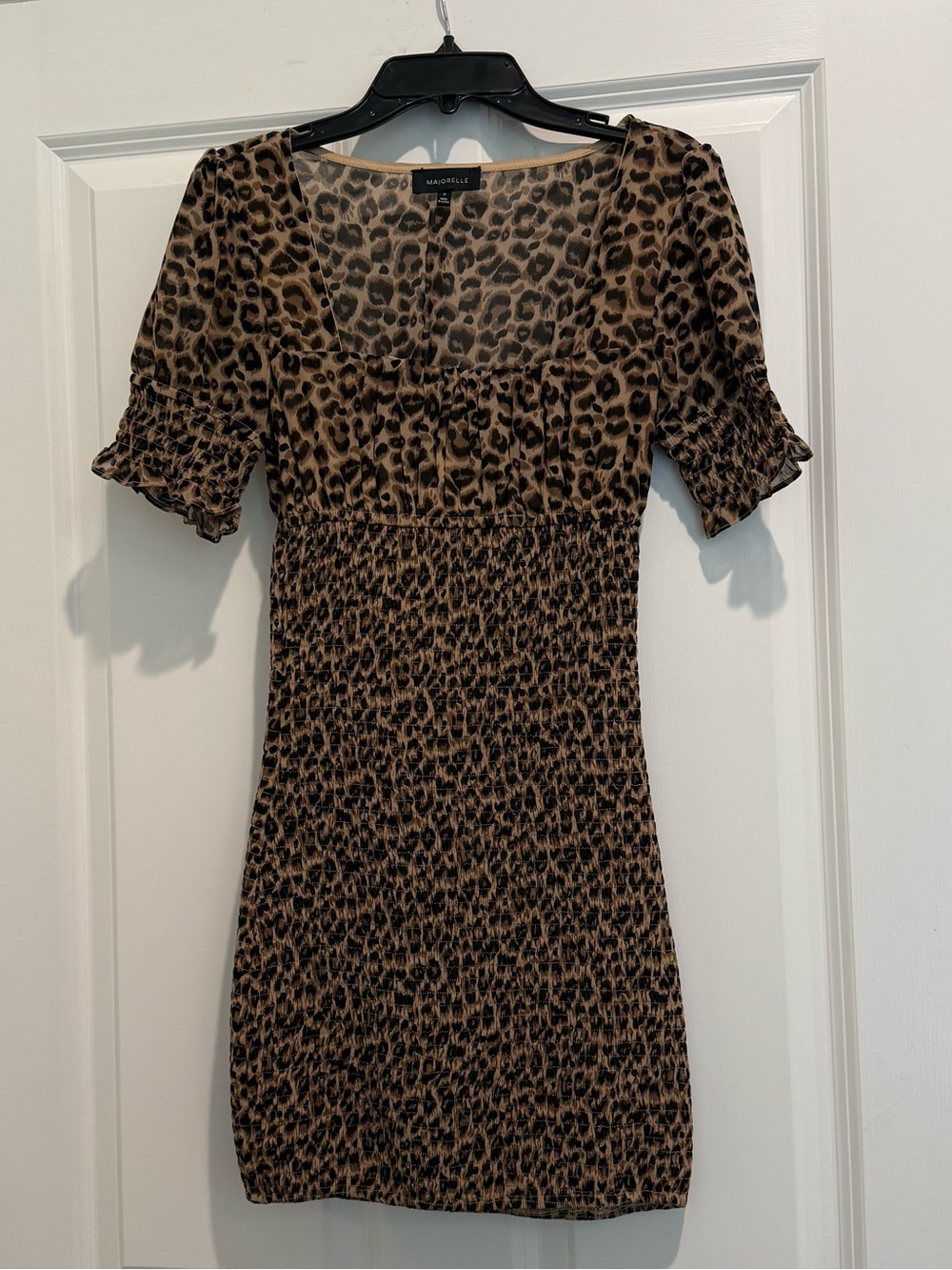 Majorelle Leopard print smocked square neck mini dress